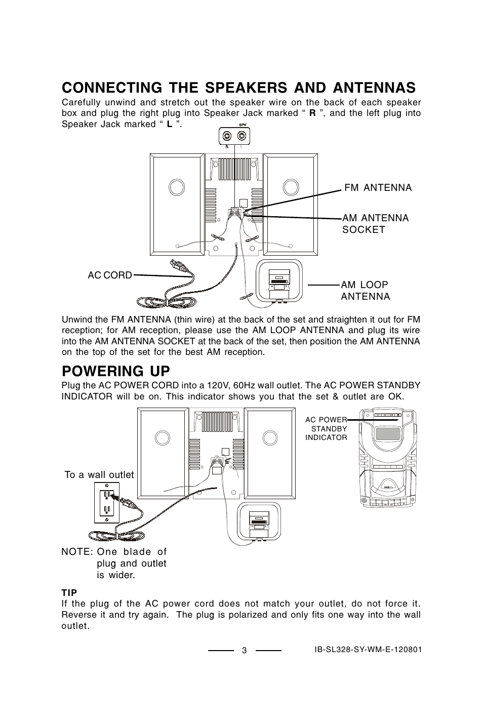 Powering up, Connecting the speakers and antennas | Lenoxx Electronics SL-328 User Manual | Page 4 / 22