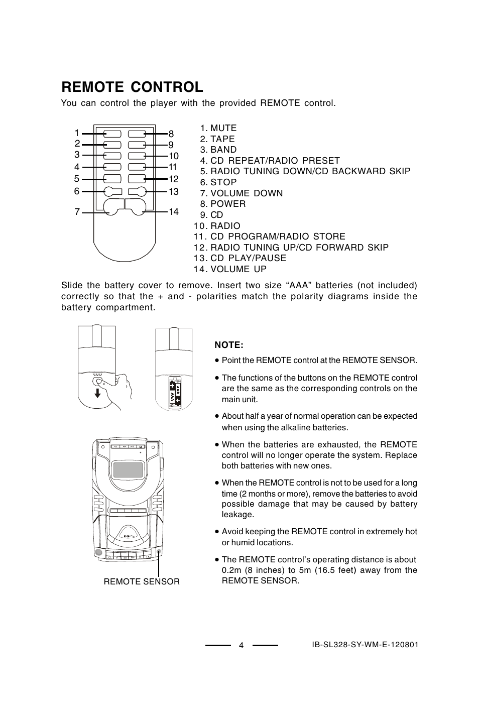 Remote control | Lenoxx Electronics SL-328 User Manual | Page 5 / 22