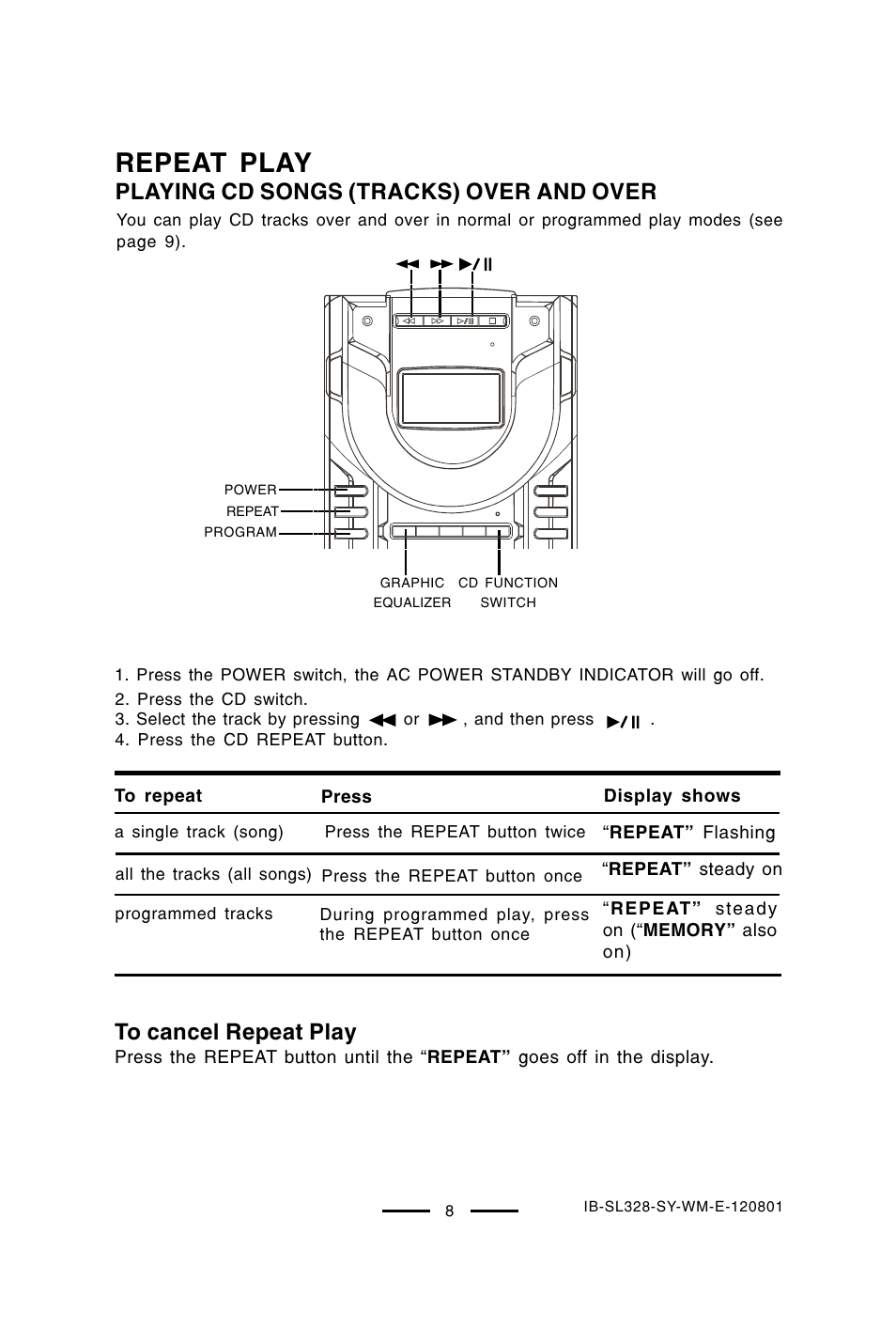 Repeat play, Playing cd songs (tracks) over and over | Lenoxx Electronics SL-328 User Manual | Page 9 / 22