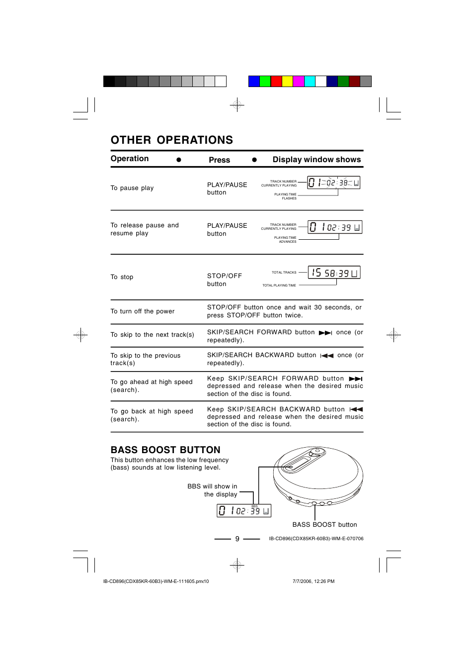 Other operations, Bass boost button, Operation press display window shows | Lenoxx Electronics CD-896 User Manual | Page 10 / 18