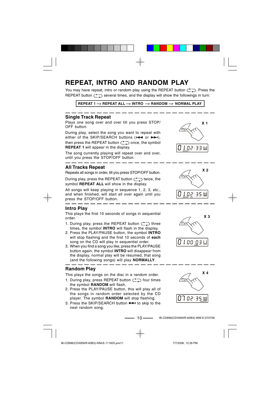 Repeat, intro and random play, Single track repeat, All tracks repeat | Intro play, Random play | Lenoxx Electronics CD-896 User Manual | Page 11 / 18