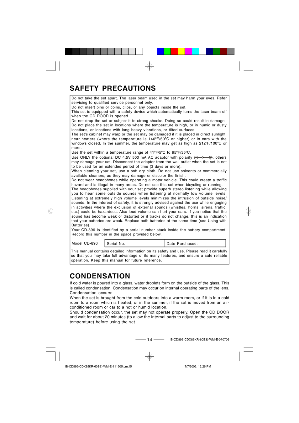 Condensation, Safety precautions | Lenoxx Electronics CD-896 User Manual | Page 15 / 18