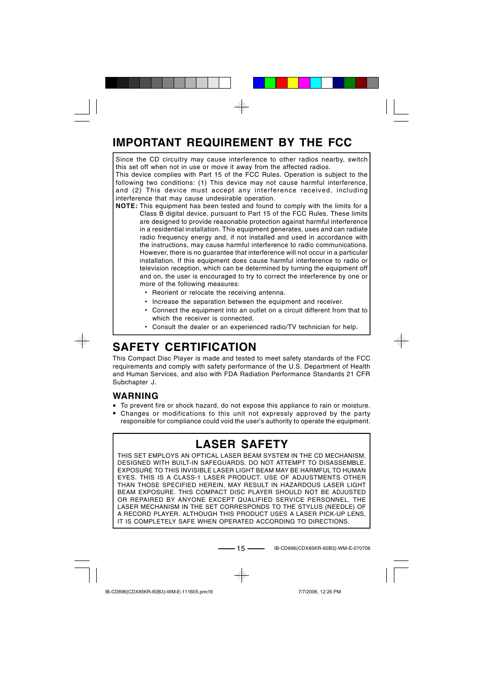 Safety certification, Important requirement by the fcc, Laser safety | Lenoxx Electronics CD-896 User Manual | Page 16 / 18