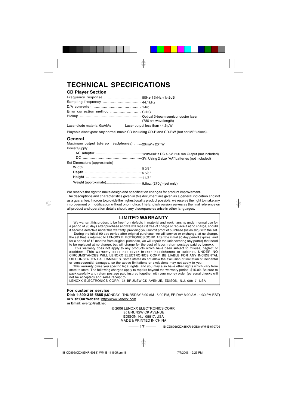 Technical specifications, Limited warranty | Lenoxx Electronics CD-896 User Manual | Page 18 / 18