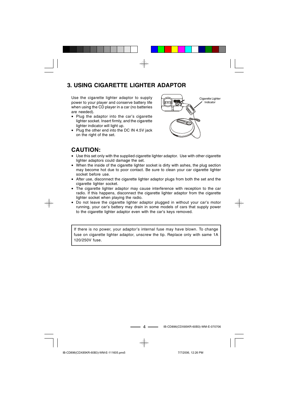 Using cigarette lighter adaptor caution | Lenoxx Electronics CD-896 User Manual | Page 5 / 18