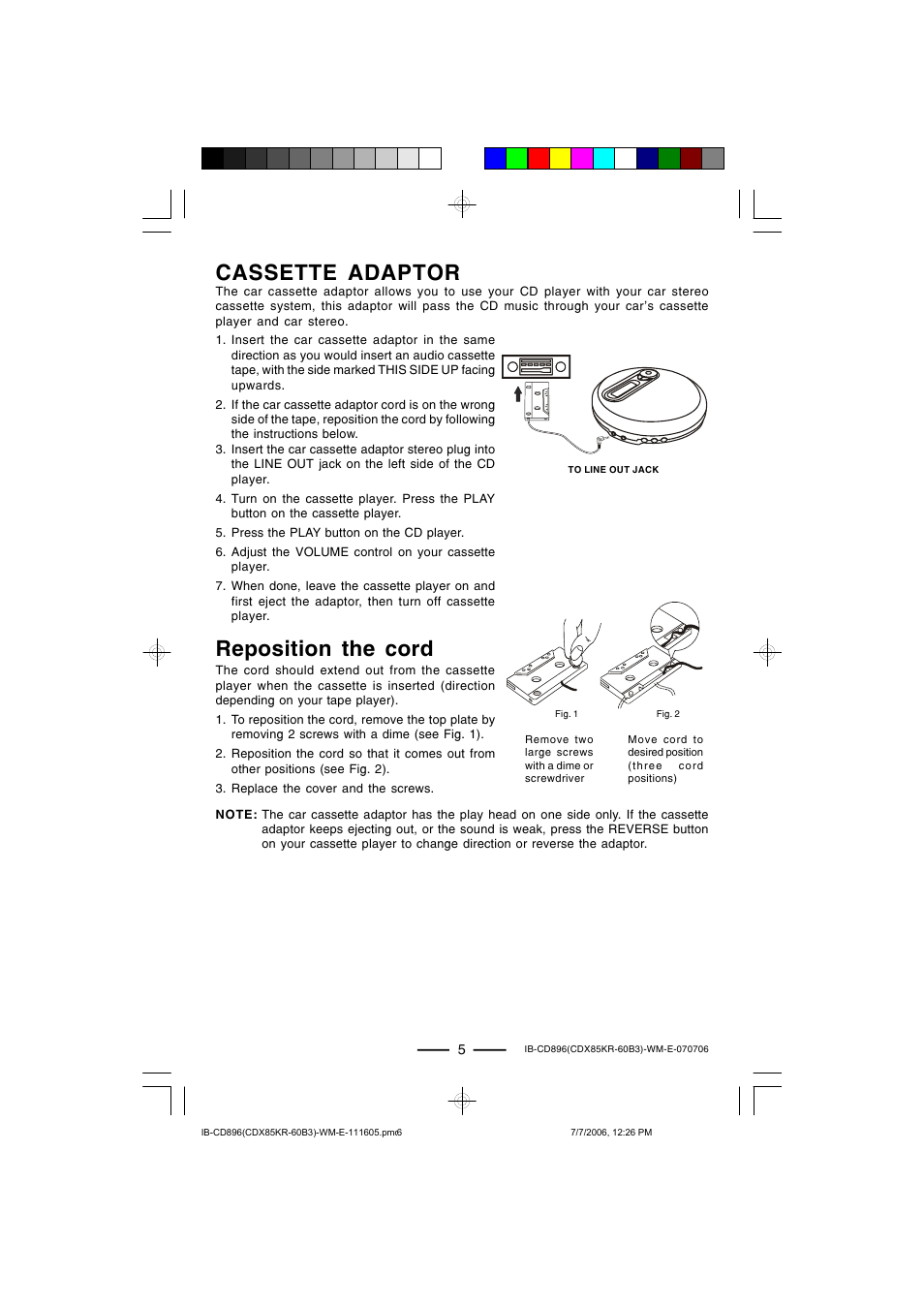 Reposition the cord, Cassette adaptor | Lenoxx Electronics CD-896 User Manual | Page 6 / 18