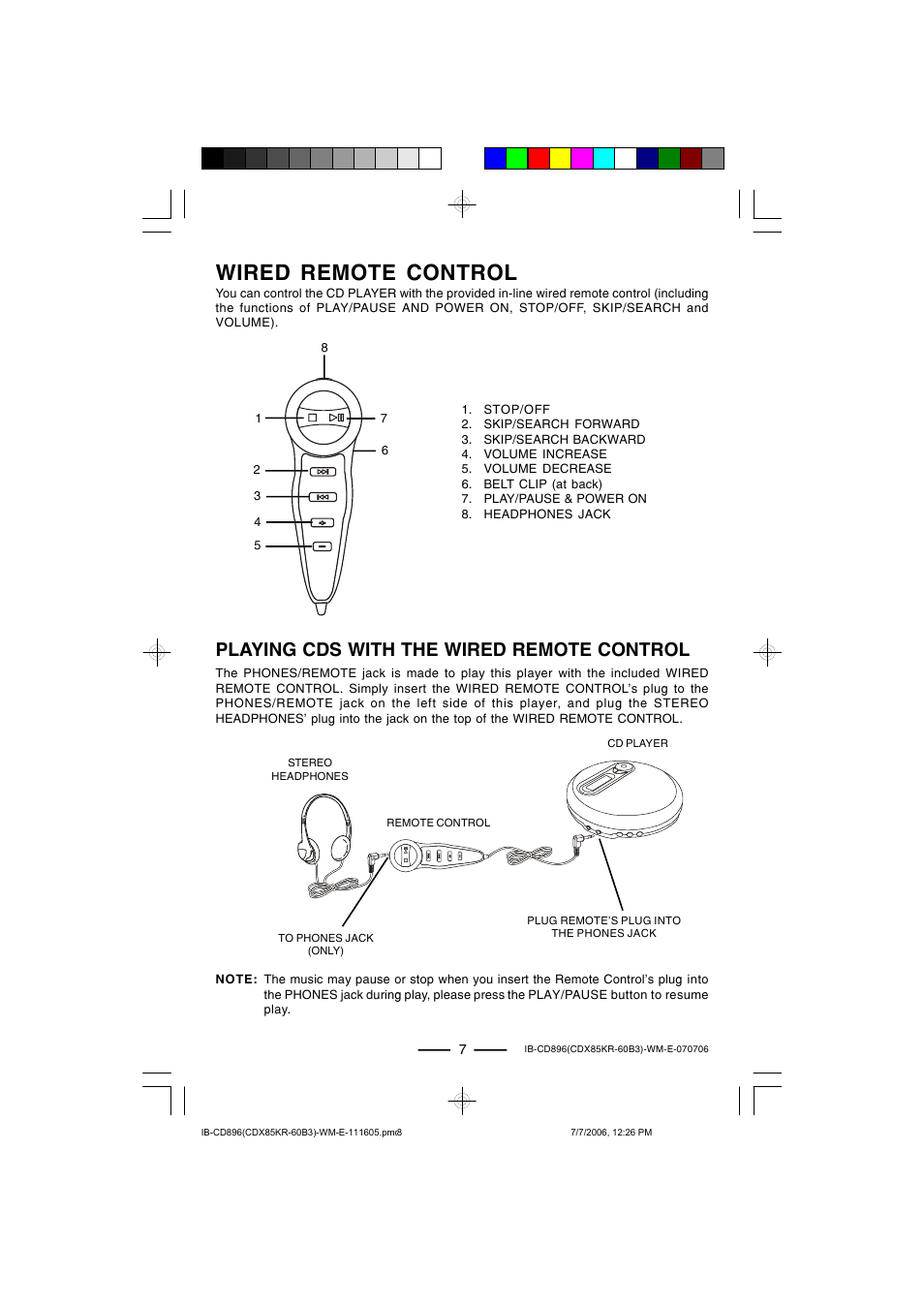 Wired remote control, Playing cds with the wired remote control | Lenoxx Electronics CD-896 User Manual | Page 8 / 18