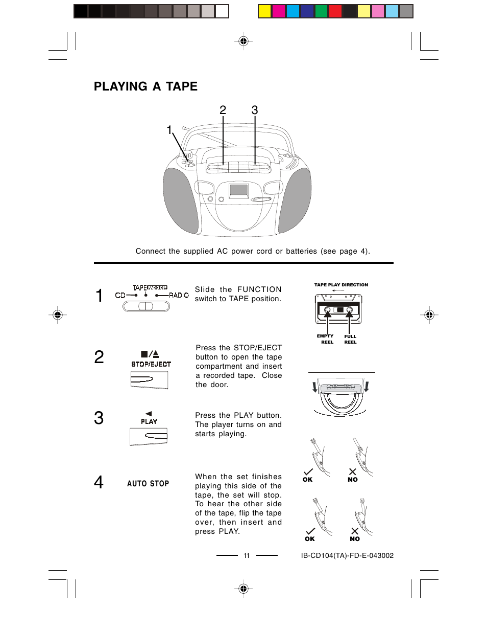 Playing a tape | Lenoxx Electronics CD-104 User Manual | Page 12 / 20