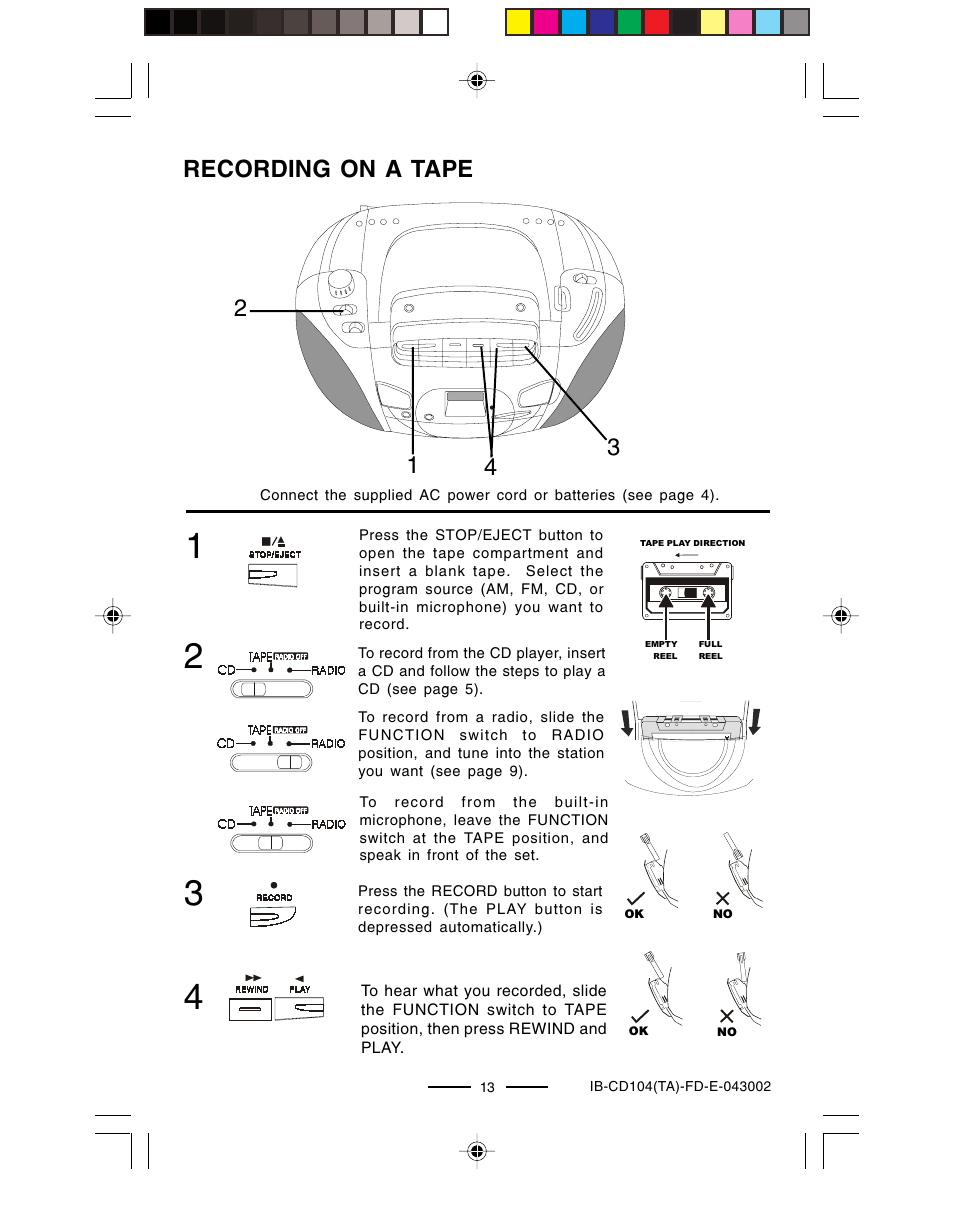 Recording on a tape | Lenoxx Electronics CD-104 User Manual | Page 14 / 20