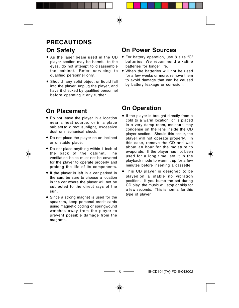 Precautions on safety, On power sources, On operation | On placement | Lenoxx Electronics CD-104 User Manual | Page 16 / 20