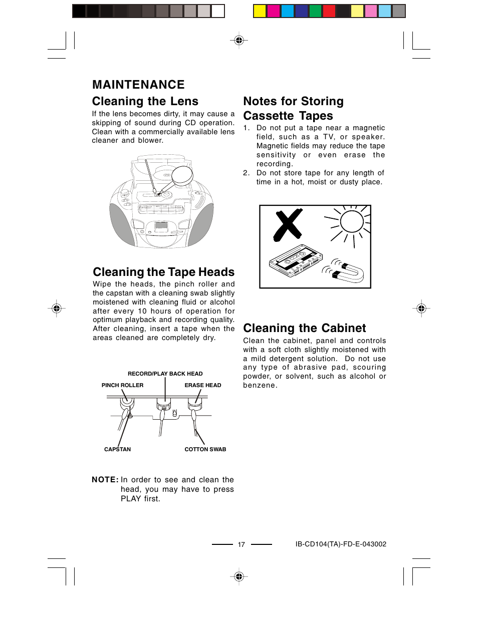 Maintenance cleaning the lens, Cleaning the tape heads, Cleaning the cabinet | Lenoxx Electronics CD-104 User Manual | Page 18 / 20