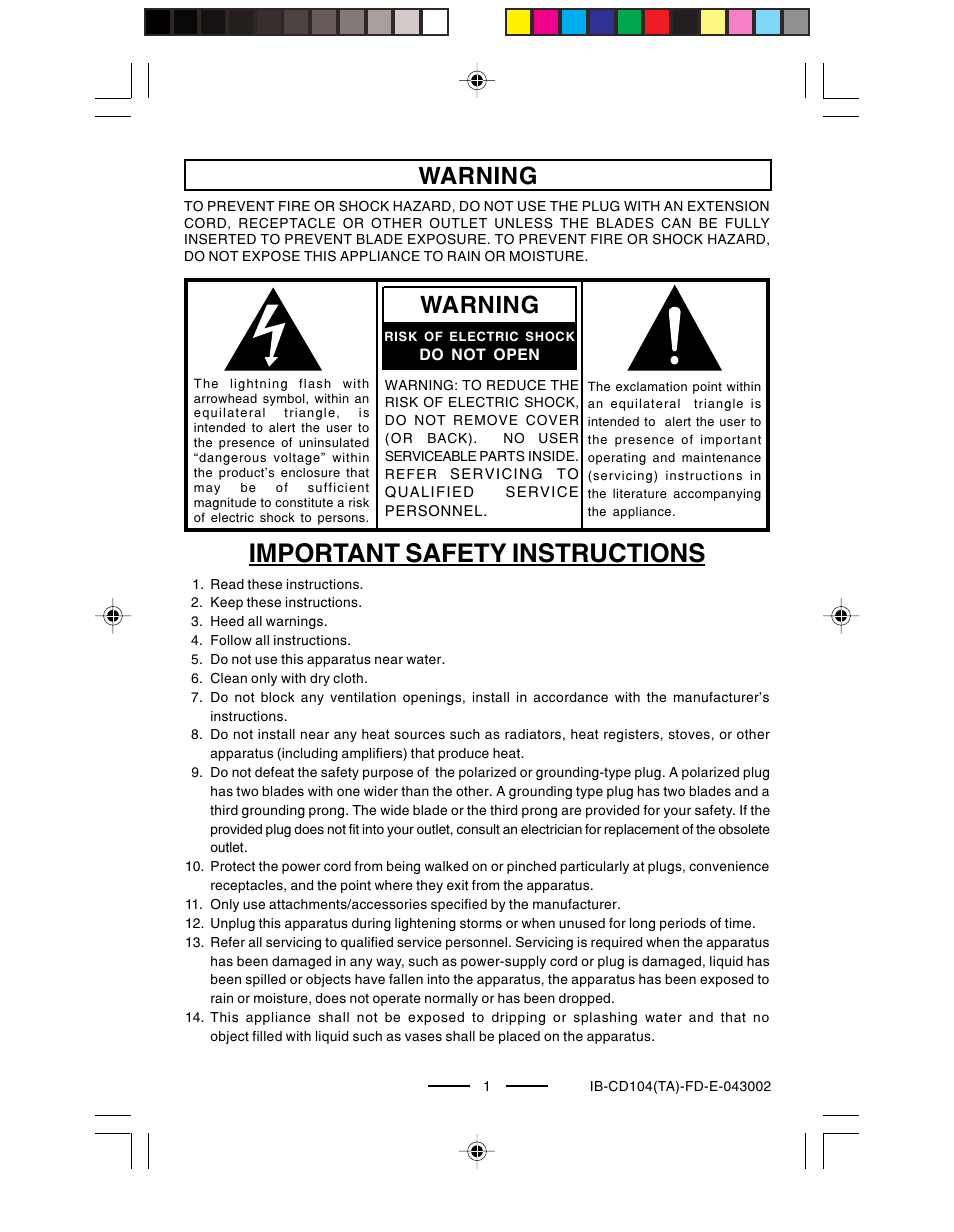 Important safety instructions, Warning | Lenoxx Electronics CD-104 User Manual | Page 2 / 20