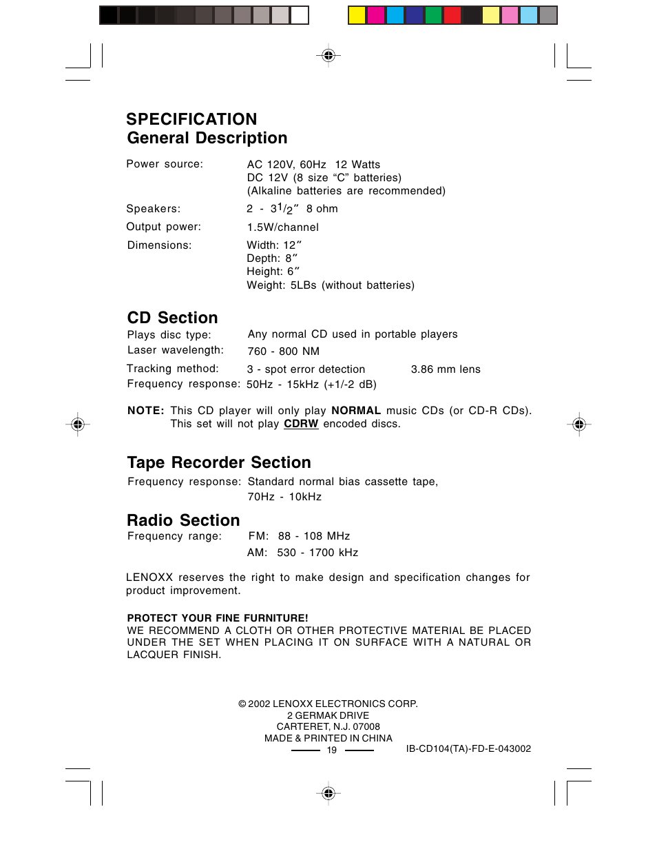 Specification general description | Lenoxx Electronics CD-104 User Manual | Page 20 / 20