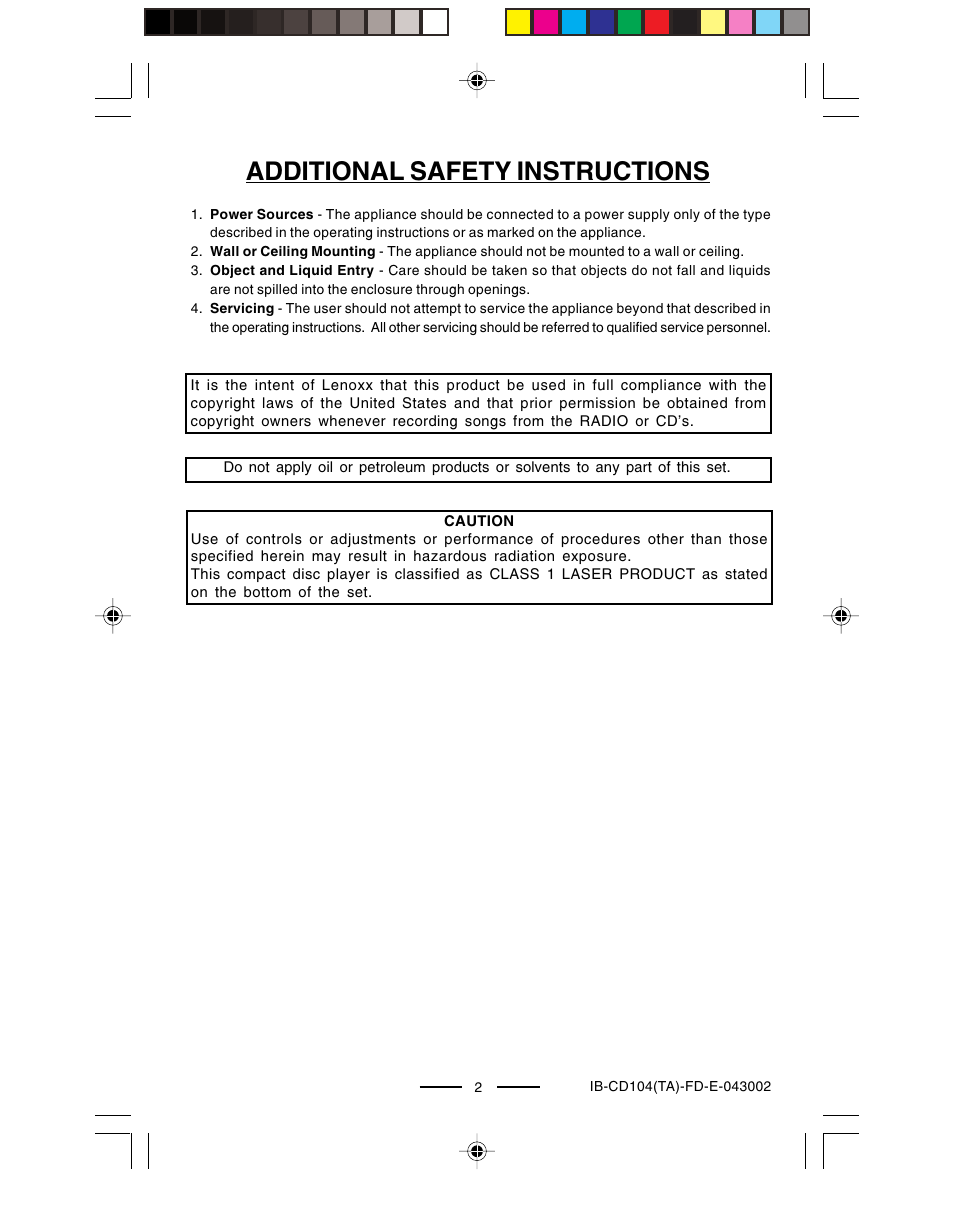 Additional safety instructions | Lenoxx Electronics CD-104 User Manual | Page 3 / 20