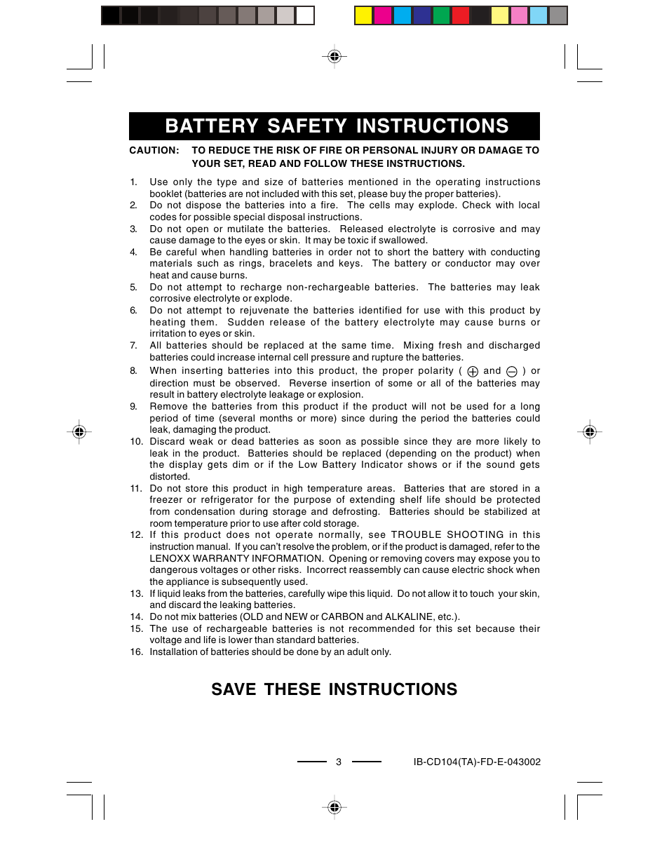 Battery safety instructions, Save these instructions | Lenoxx Electronics CD-104 User Manual | Page 4 / 20
