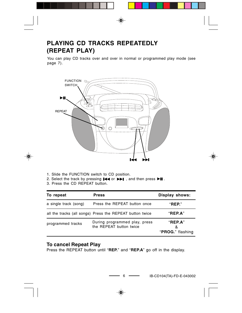 Playing cd tracks repeatedly (repeat play) | Lenoxx Electronics CD-104 User Manual | Page 7 / 20