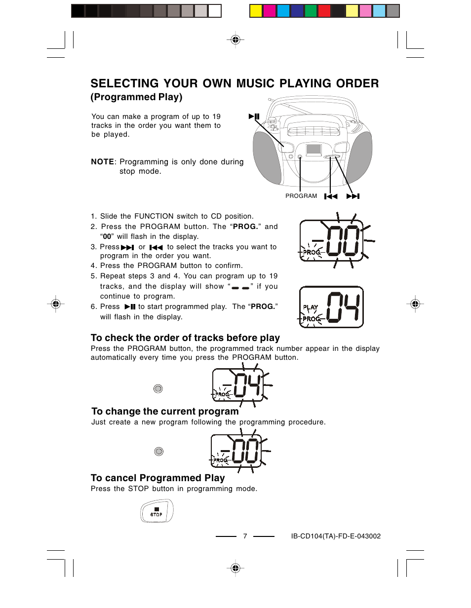 Selecting your own music playing order, Programmed play) | Lenoxx Electronics CD-104 User Manual | Page 8 / 20