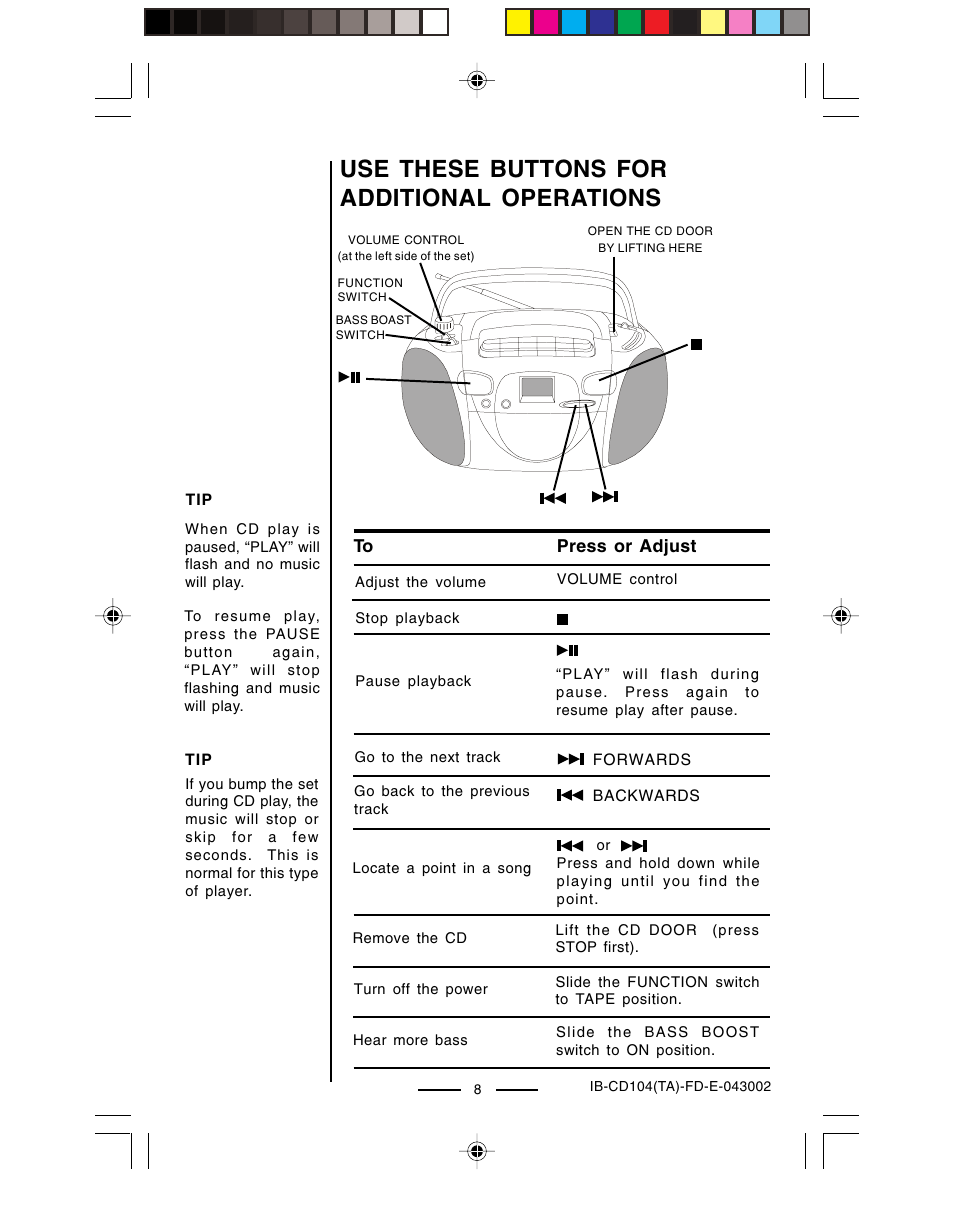 Use these buttons for additional operations | Lenoxx Electronics CD-104 User Manual | Page 9 / 20