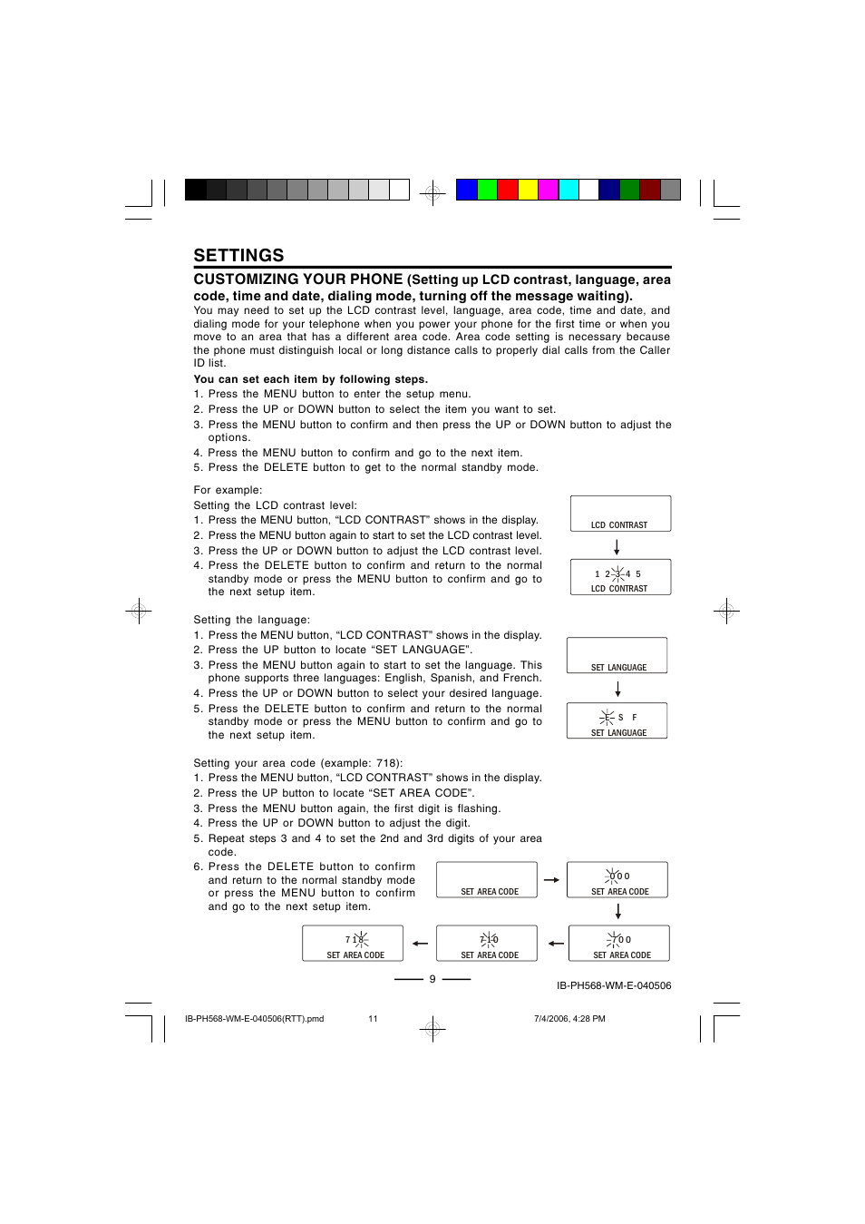 Settings, Customizing your phone | Lenoxx Electronics PH568 User Manual | Page 11 / 19