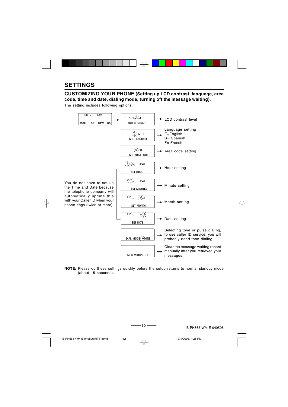 Settings, Customizing your phone | Lenoxx Electronics PH568 User Manual | Page 12 / 19