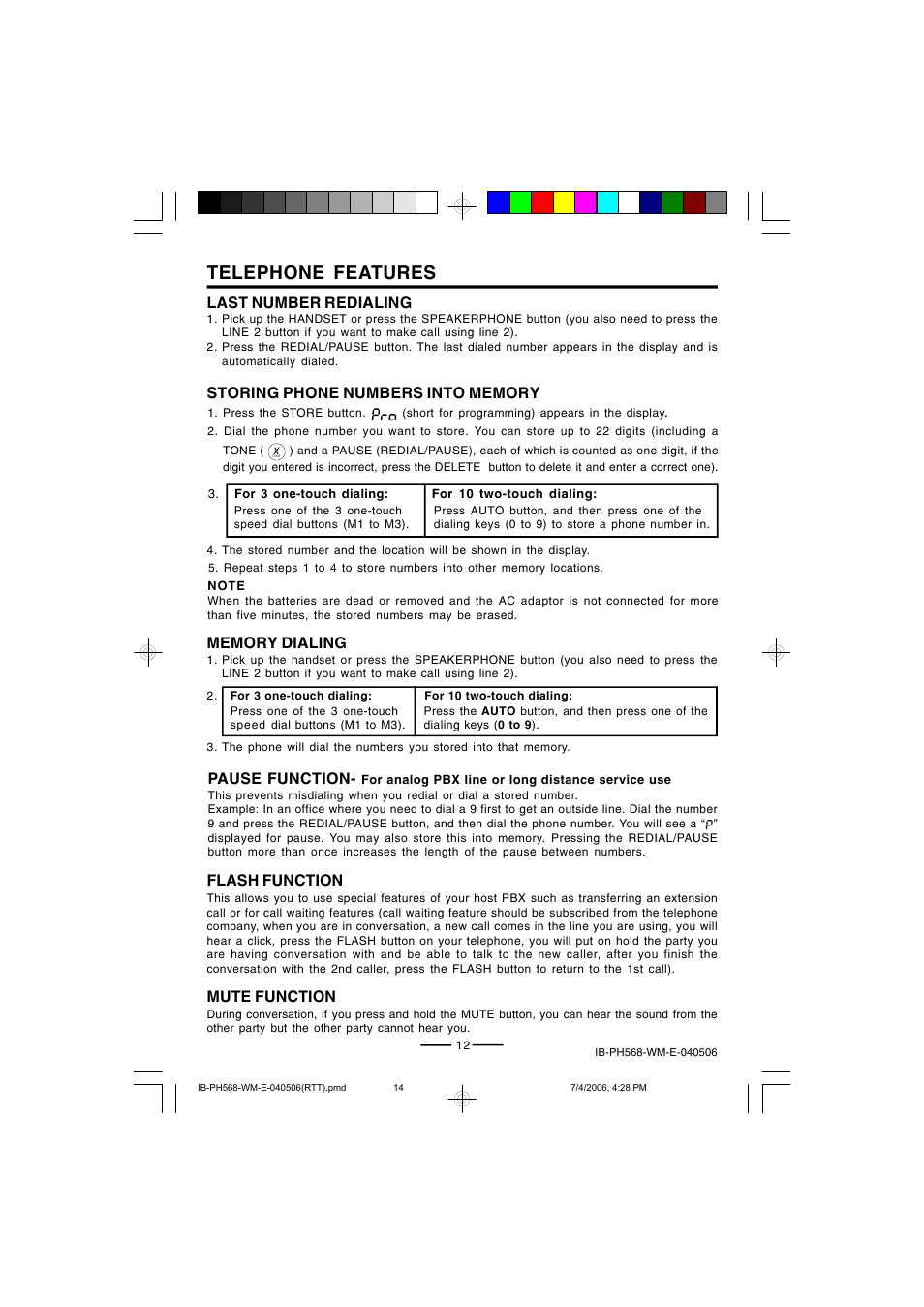 Telephone features, Pause function, Flash function | Mute function | Lenoxx Electronics PH568 User Manual | Page 14 / 19