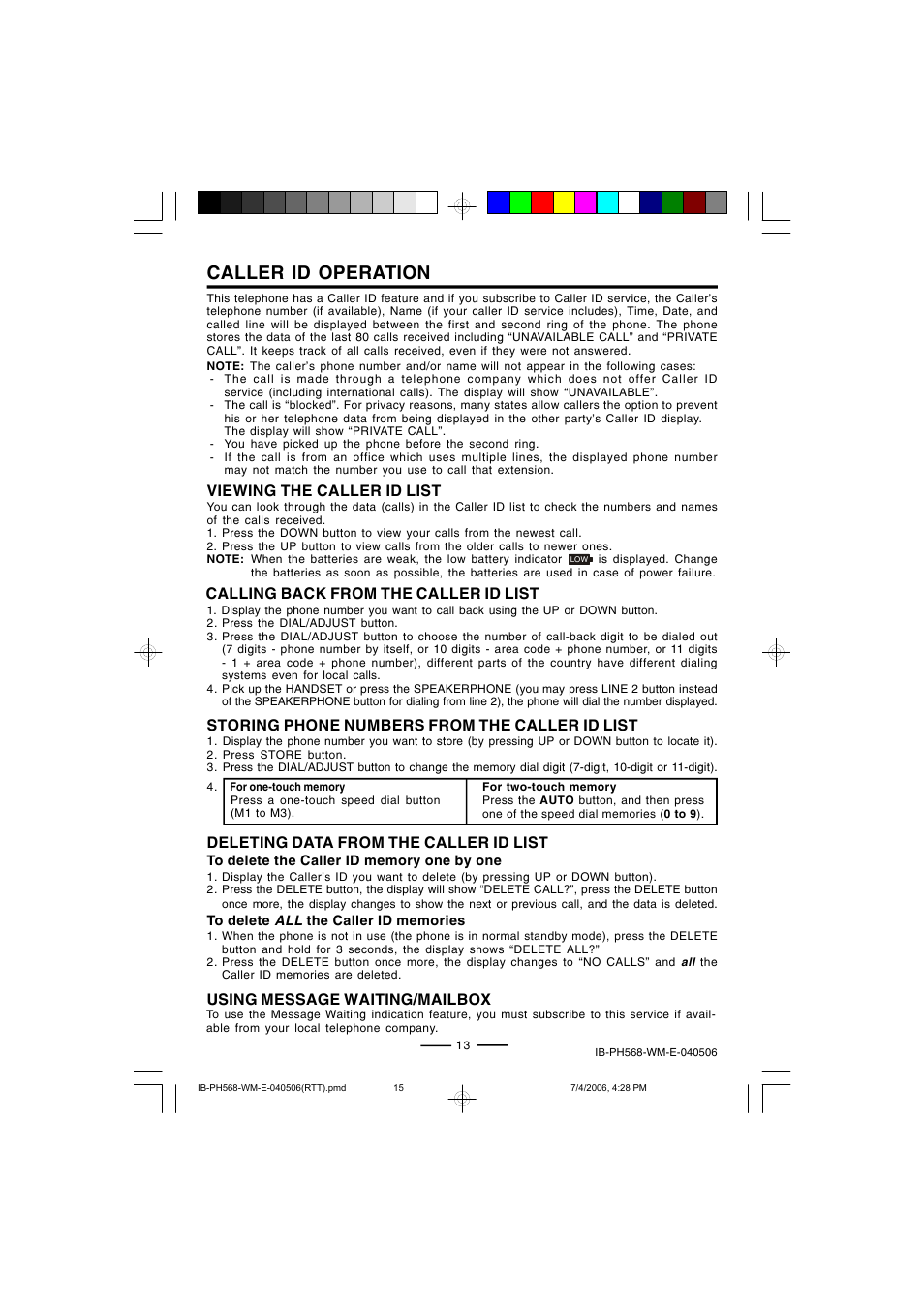 Caller id operation, Viewing the caller id list, Calling back from the caller id list | Storing phone numbers from the caller id list, Deleting data from the caller id list, Using message waiting/mailbox | Lenoxx Electronics PH568 User Manual | Page 15 / 19
