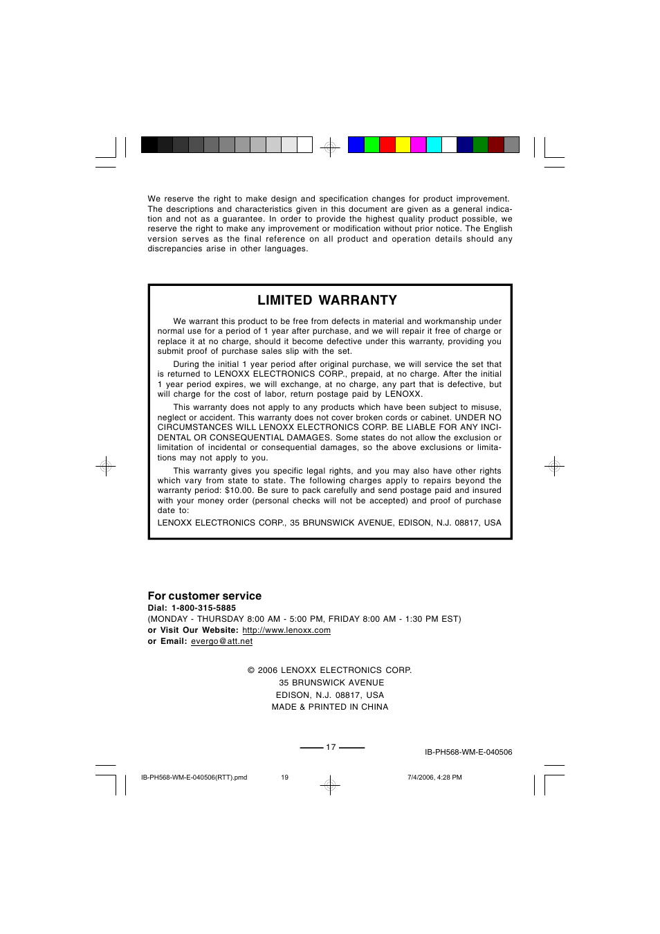 Limited warranty, For customer service | Lenoxx Electronics PH568 User Manual | Page 19 / 19