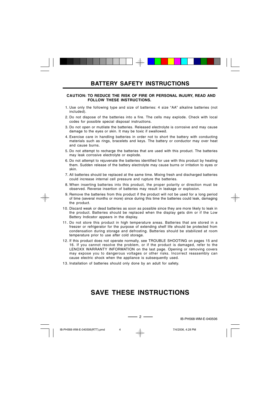 Save these instructions, Battery safety instructions | Lenoxx Electronics PH568 User Manual | Page 4 / 19