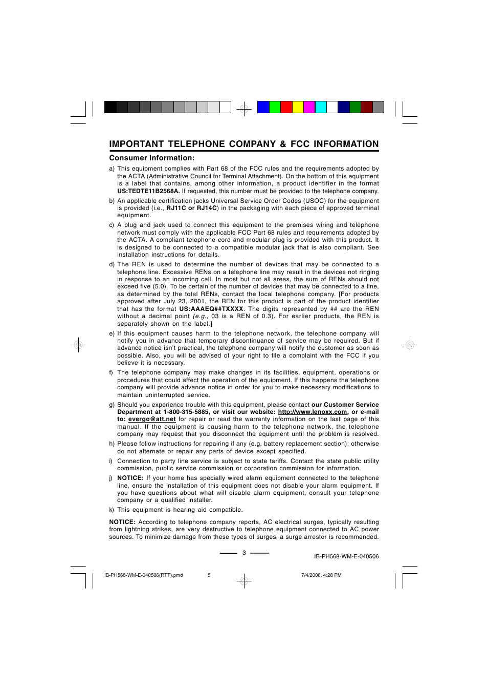Important telephone company & fcc information | Lenoxx Electronics PH568 User Manual | Page 5 / 19