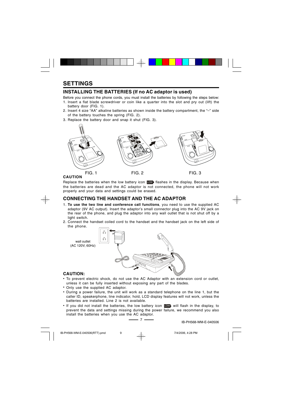 Settings, Connecting the handset and the ac adaptor | Lenoxx Electronics PH568 User Manual | Page 9 / 19