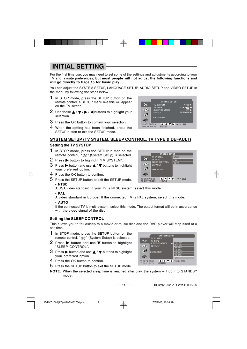 Initial setting, Setting the tv system, Setting the sleep control | Lenoxx Electronics DVD-1002 User Manual | Page 12 / 27