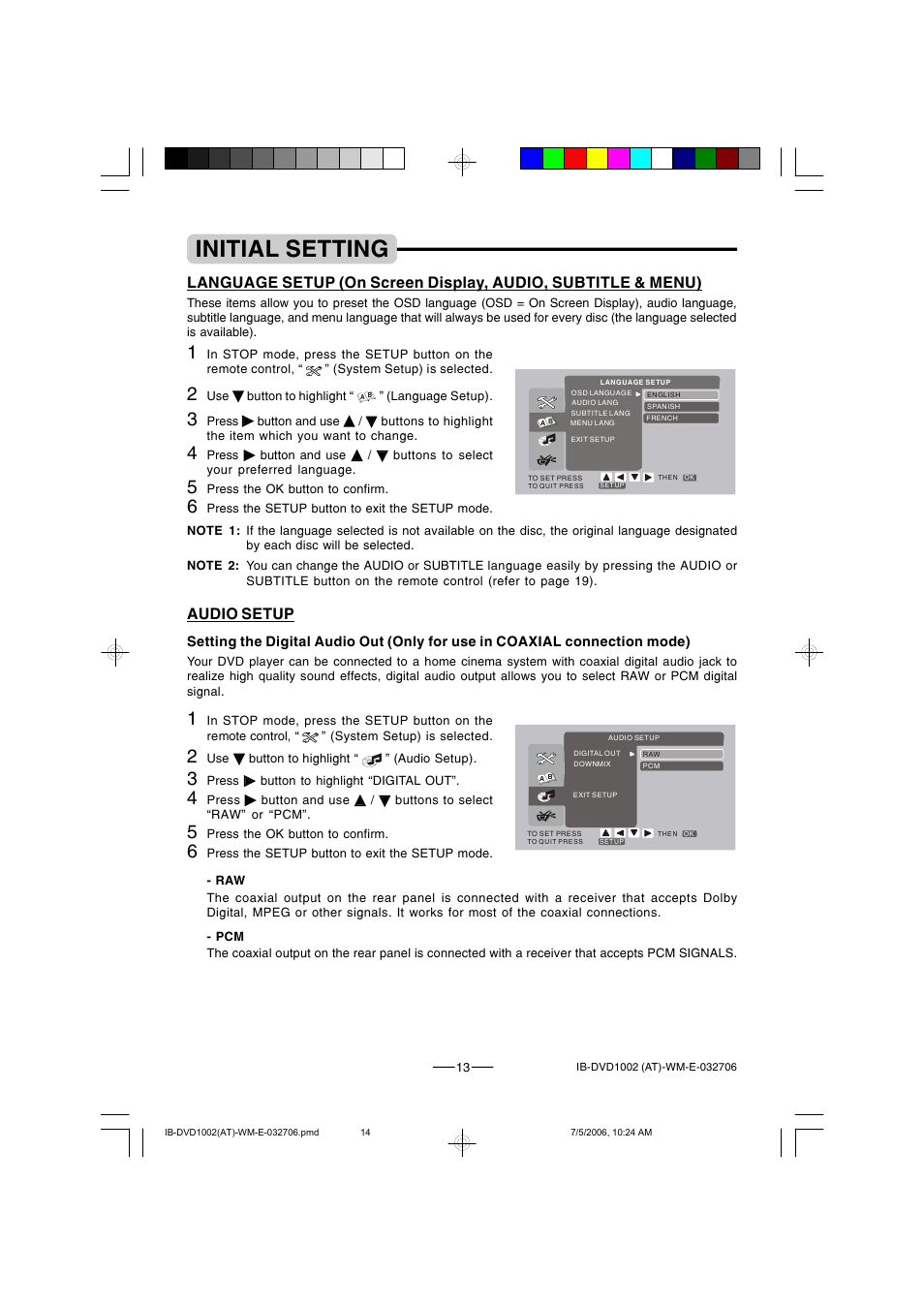 Initial setting, Audio setup | Lenoxx Electronics DVD-1002 User Manual | Page 14 / 27