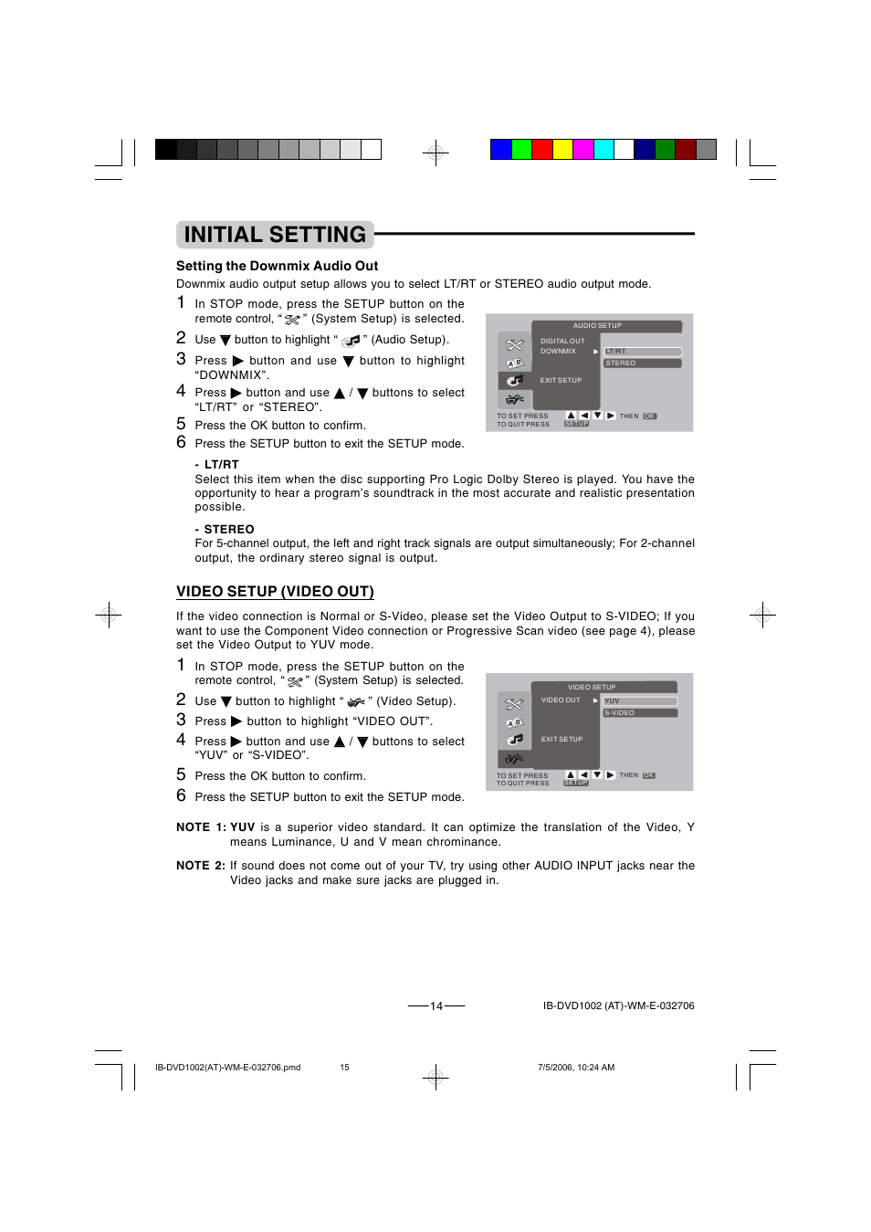 Initial setting, Video setup (video out) | Lenoxx Electronics DVD-1002 User Manual | Page 15 / 27