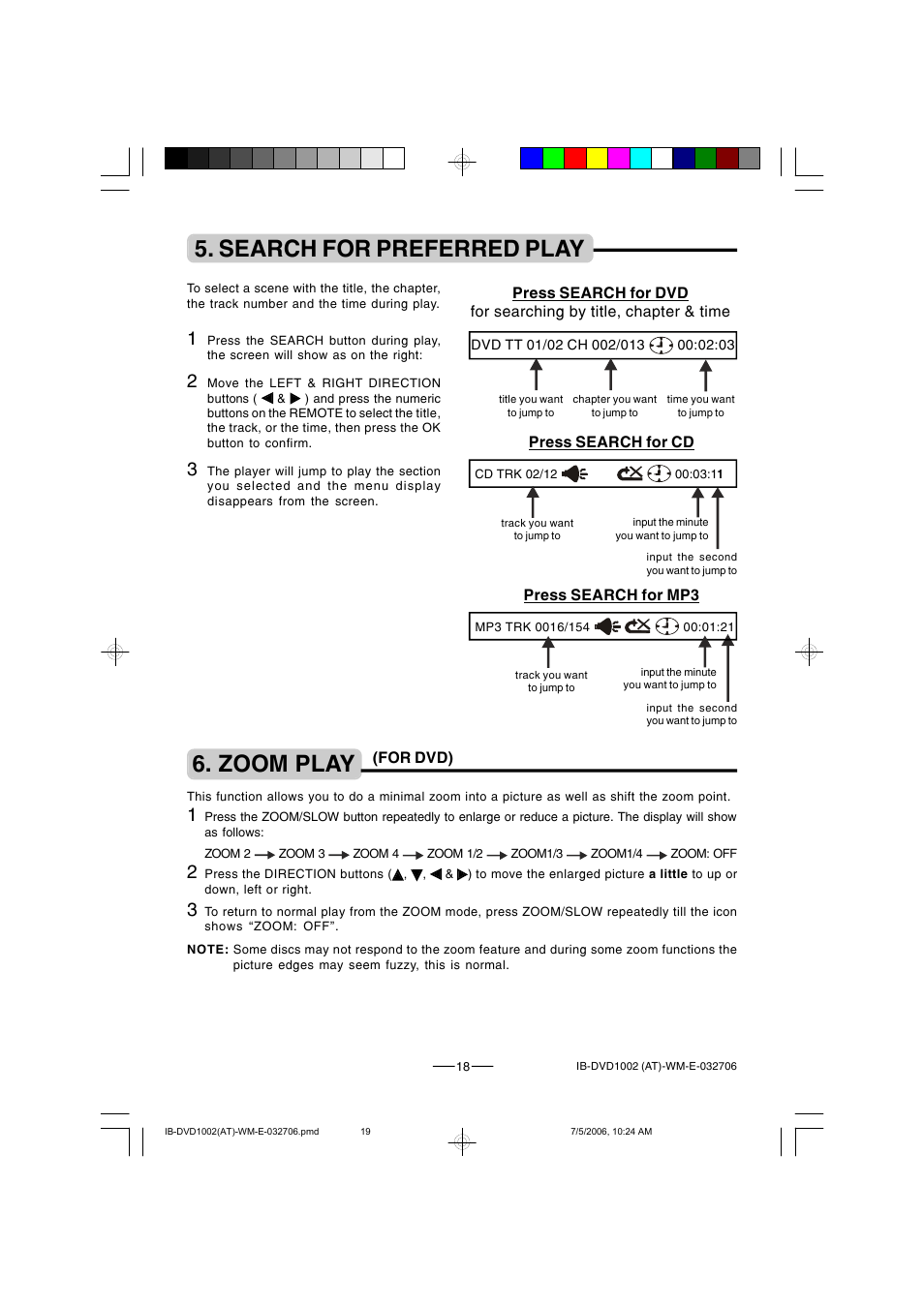 Search for preferred play, Zoom play | Lenoxx Electronics DVD-1002 User Manual | Page 19 / 27