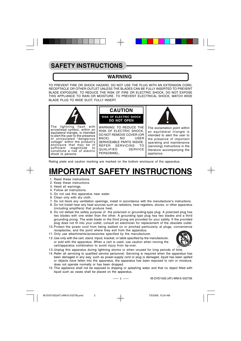 Important safety instructions, Safety instructions, Warning | Caution | Lenoxx Electronics DVD-1002 User Manual | Page 2 / 27