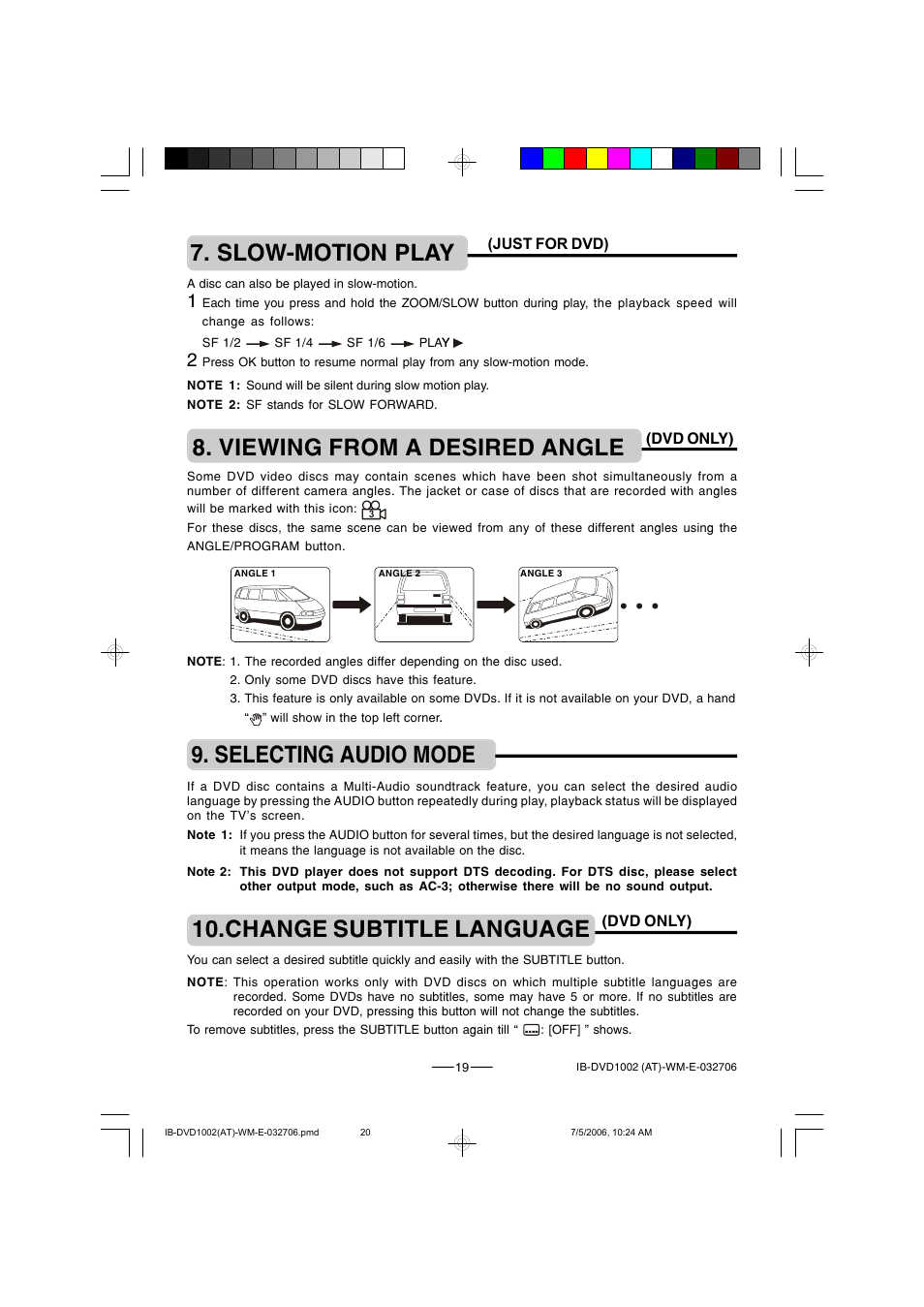 Slow-motion play, Viewing from a desired angle, Selecting audio mode | Change subtitle language | Lenoxx Electronics DVD-1002 User Manual | Page 20 / 27