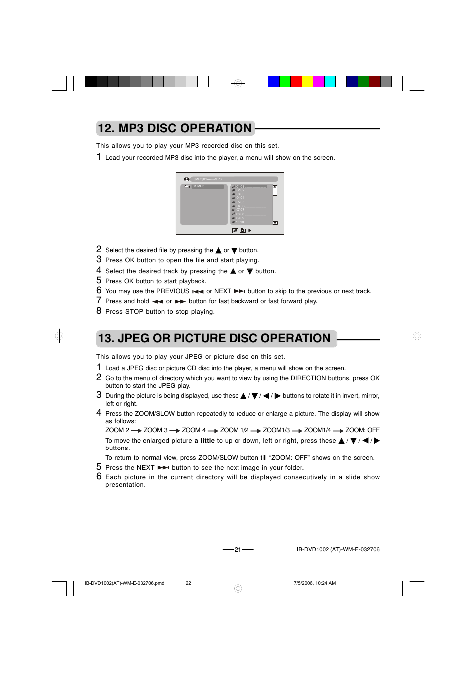 Jpeg or picture disc operation, Mp3 disc operation | Lenoxx Electronics DVD-1002 User Manual | Page 22 / 27