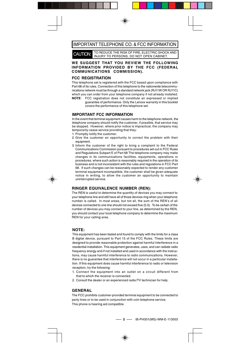 Important telephone co. & fcc information, Caution | Lenoxx Electronics PH-301 User Manual | Page 3 / 6