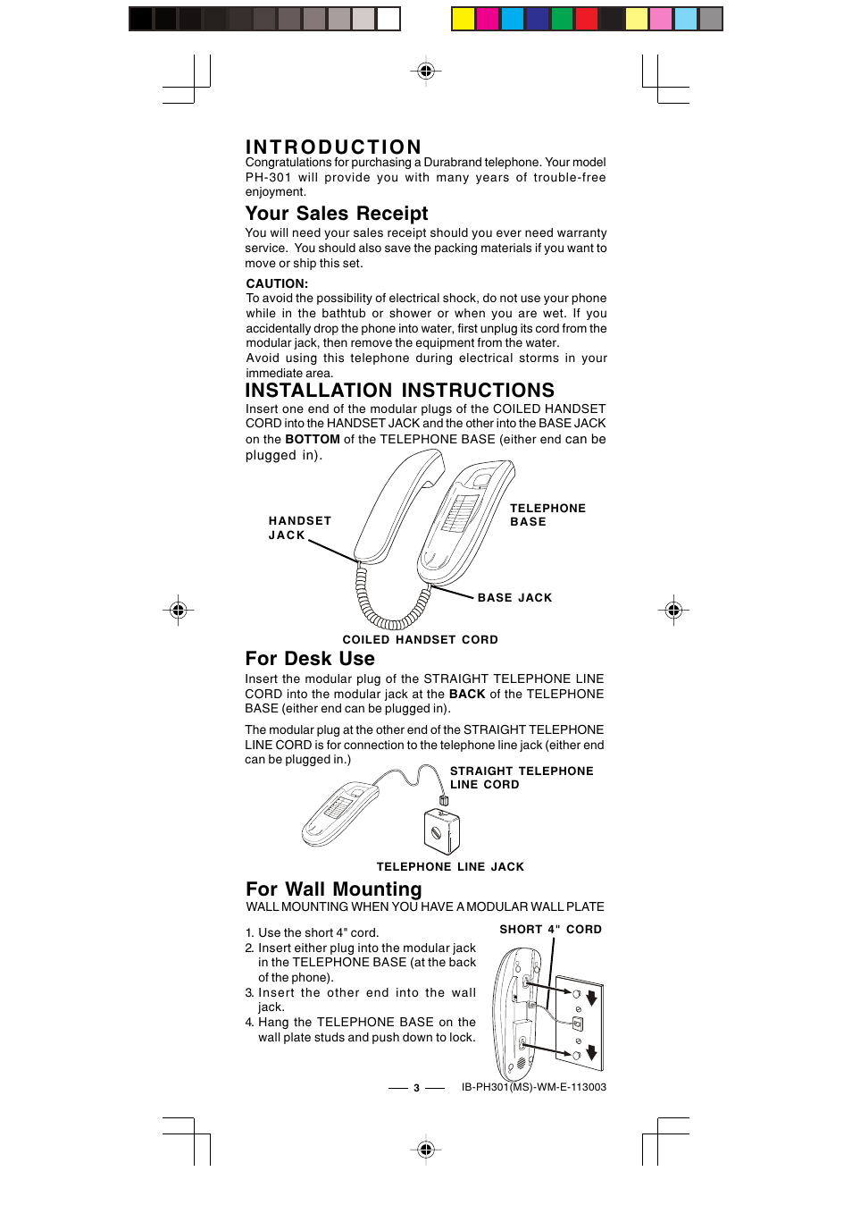 Introduction, Your sales receipt, Installation instructions | For desk use, For wall mounting | Lenoxx Electronics PH-301 User Manual | Page 4 / 6