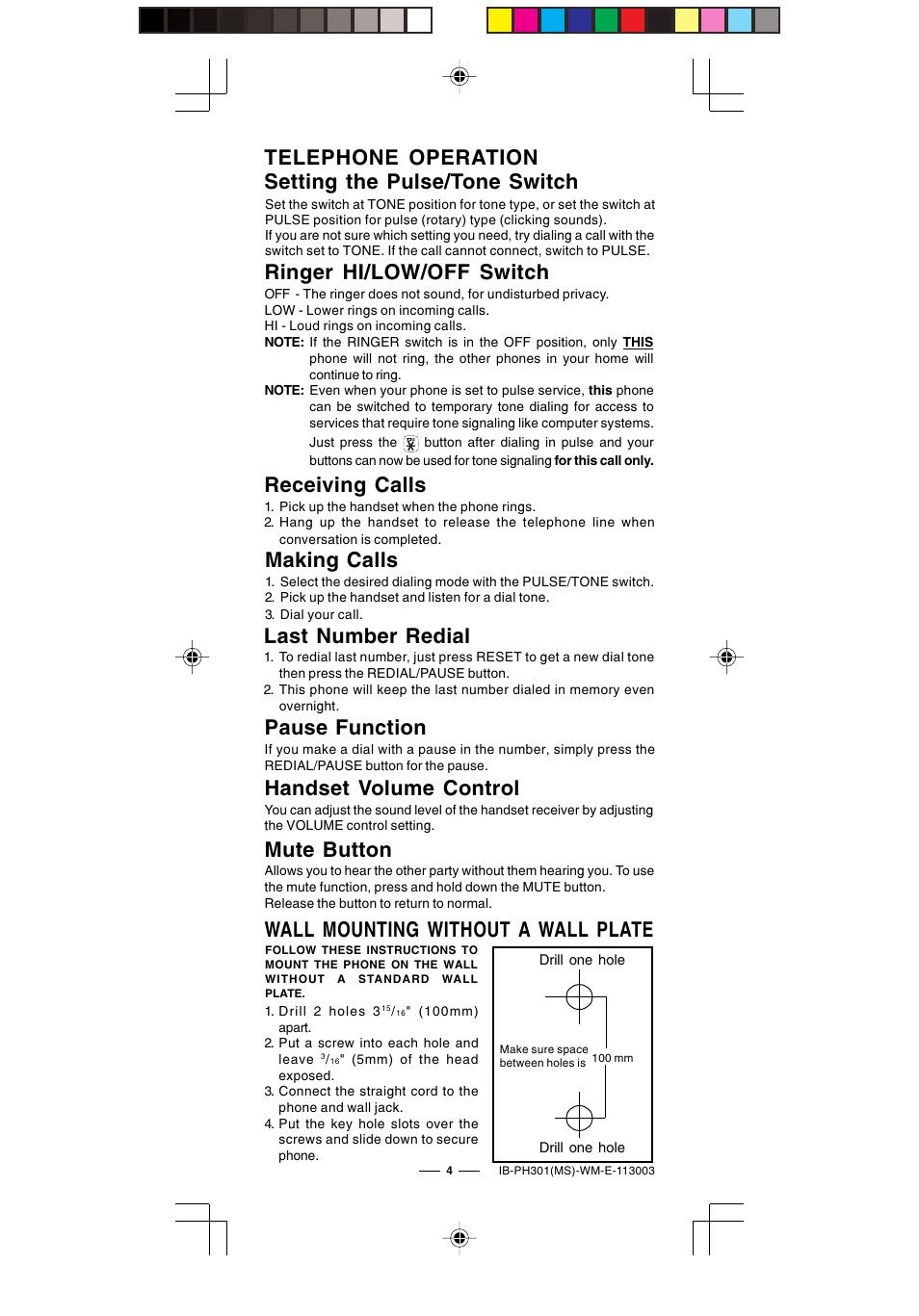 Telephone operation setting the pulse/tone switch, Ringer hi/low/off switch, Receiving calls | Making calls, Last number redial, Mute button, Wall mounting without a wall plate, Handset volume control, Pause function | Lenoxx Electronics PH-301 User Manual | Page 5 / 6