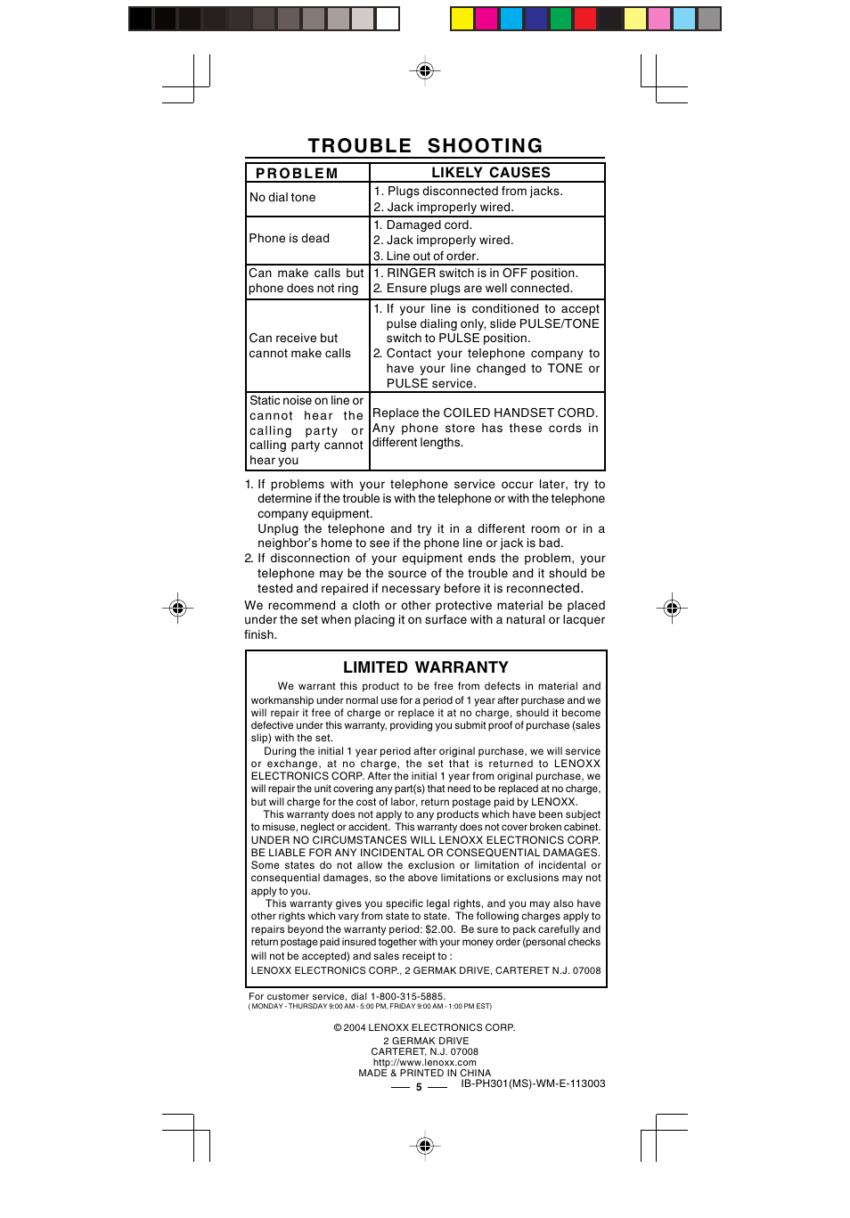 Trouble shooting, Limited warranty | Lenoxx Electronics PH-301 User Manual | Page 6 / 6