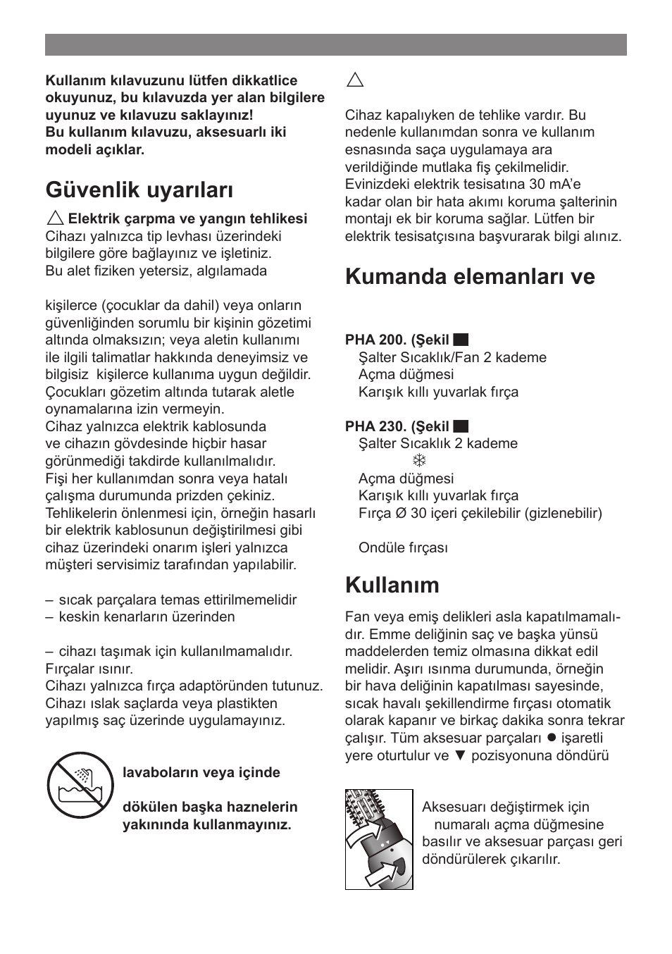 Güvenlik uyarıları, Kumanda elemanları ve aksesuar, Kullanım | Bosch PHA 2000 User Manual | Page 30 / 47