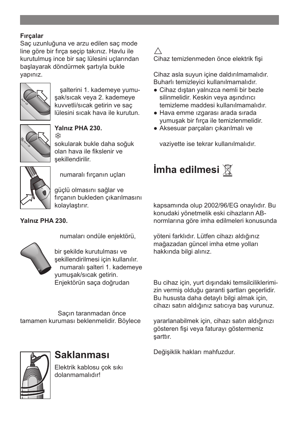 Temizlik, Imha edilmesi, Garanti | Saklanması | Bosch PHA 2000 User Manual | Page 31 / 47