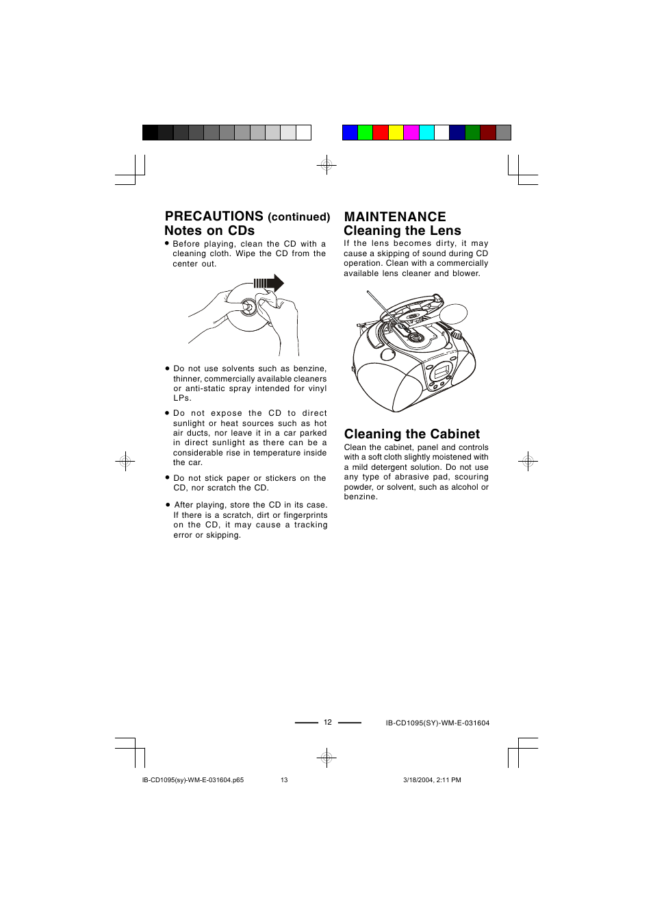 Precautions, Maintenance cleaning the lens cleaning the cabinet | Lenoxx Electronics CD-1095 User Manual | Page 13 / 16
