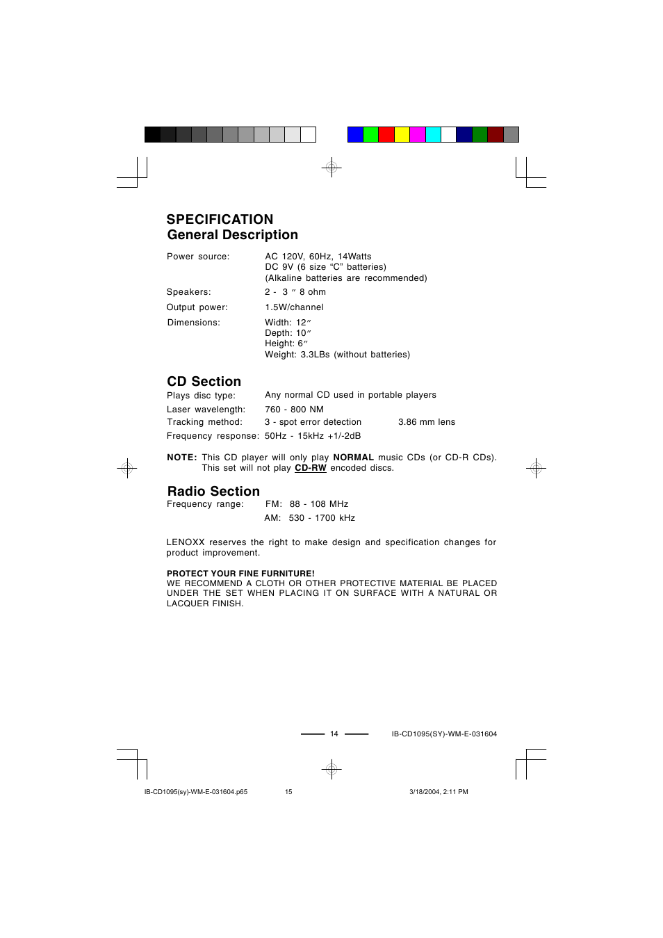 Specification general description | Lenoxx Electronics CD-1095 User Manual | Page 15 / 16
