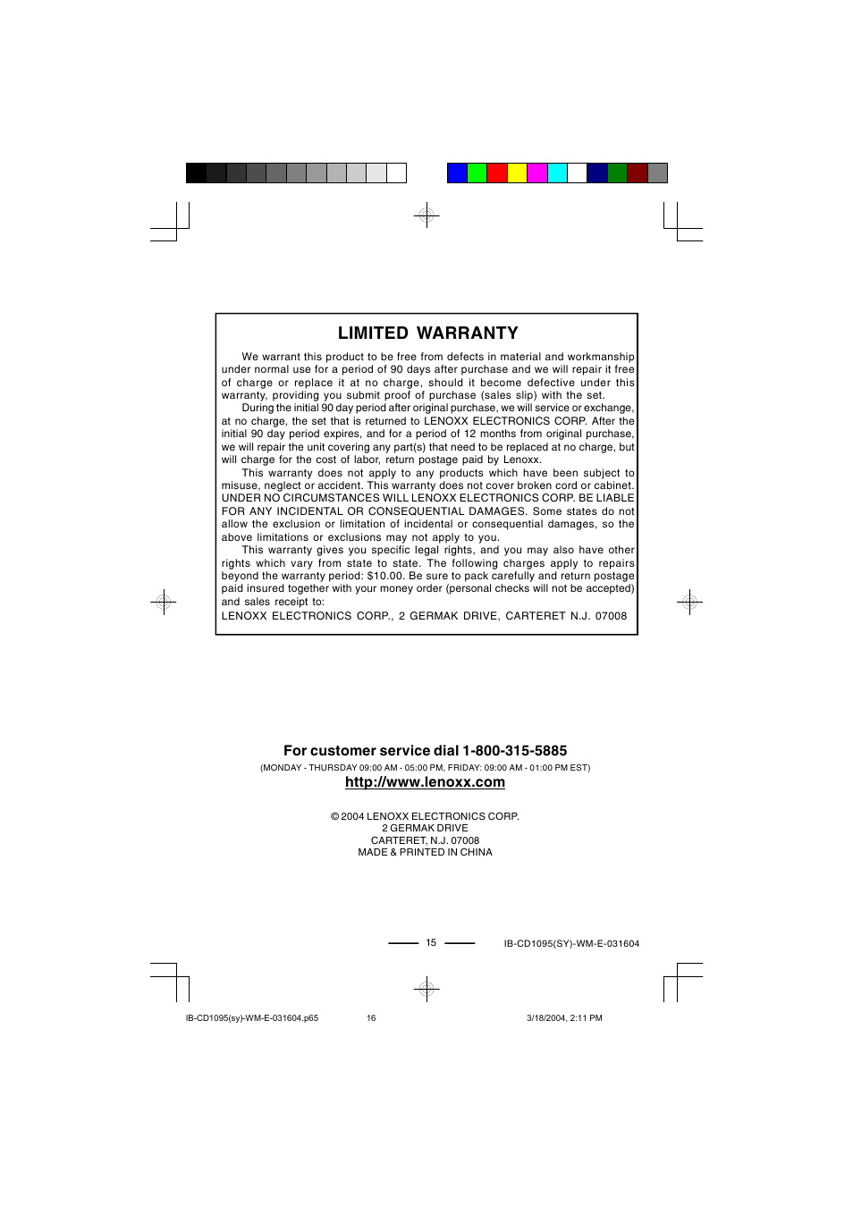 Limited warranty | Lenoxx Electronics CD-1095 User Manual | Page 16 / 16