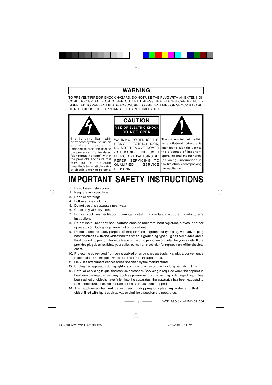 Important safety instructions, Warning, Caution | Lenoxx Electronics CD-1095 User Manual | Page 2 / 16