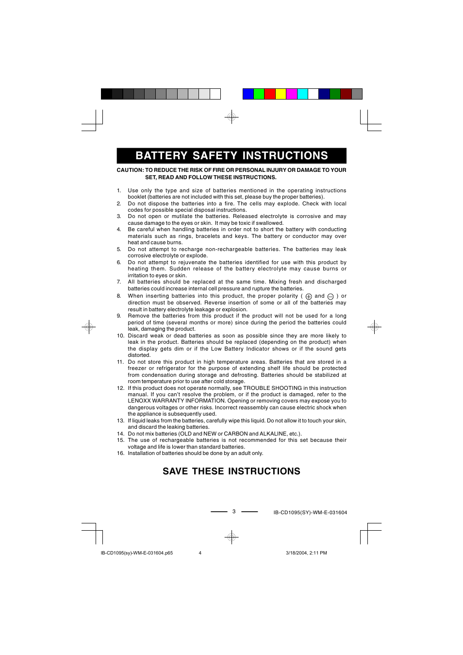 Battery safety instructions, Save these instructions | Lenoxx Electronics CD-1095 User Manual | Page 4 / 16