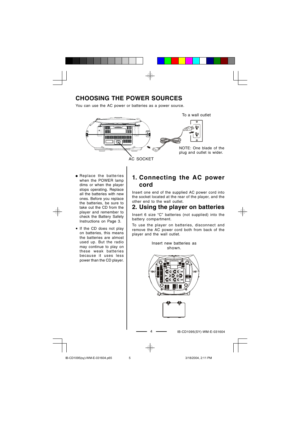 Choosing the power sources, Connecting the ac power cord, Using the player on batteries | Lenoxx Electronics CD-1095 User Manual | Page 5 / 16