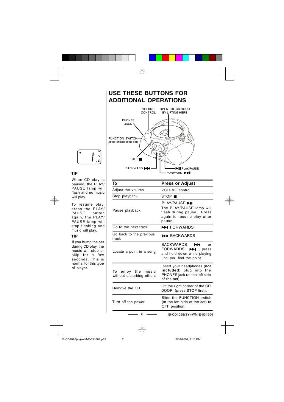 Use these buttons for additional operations | Lenoxx Electronics CD-1095 User Manual | Page 7 / 16
